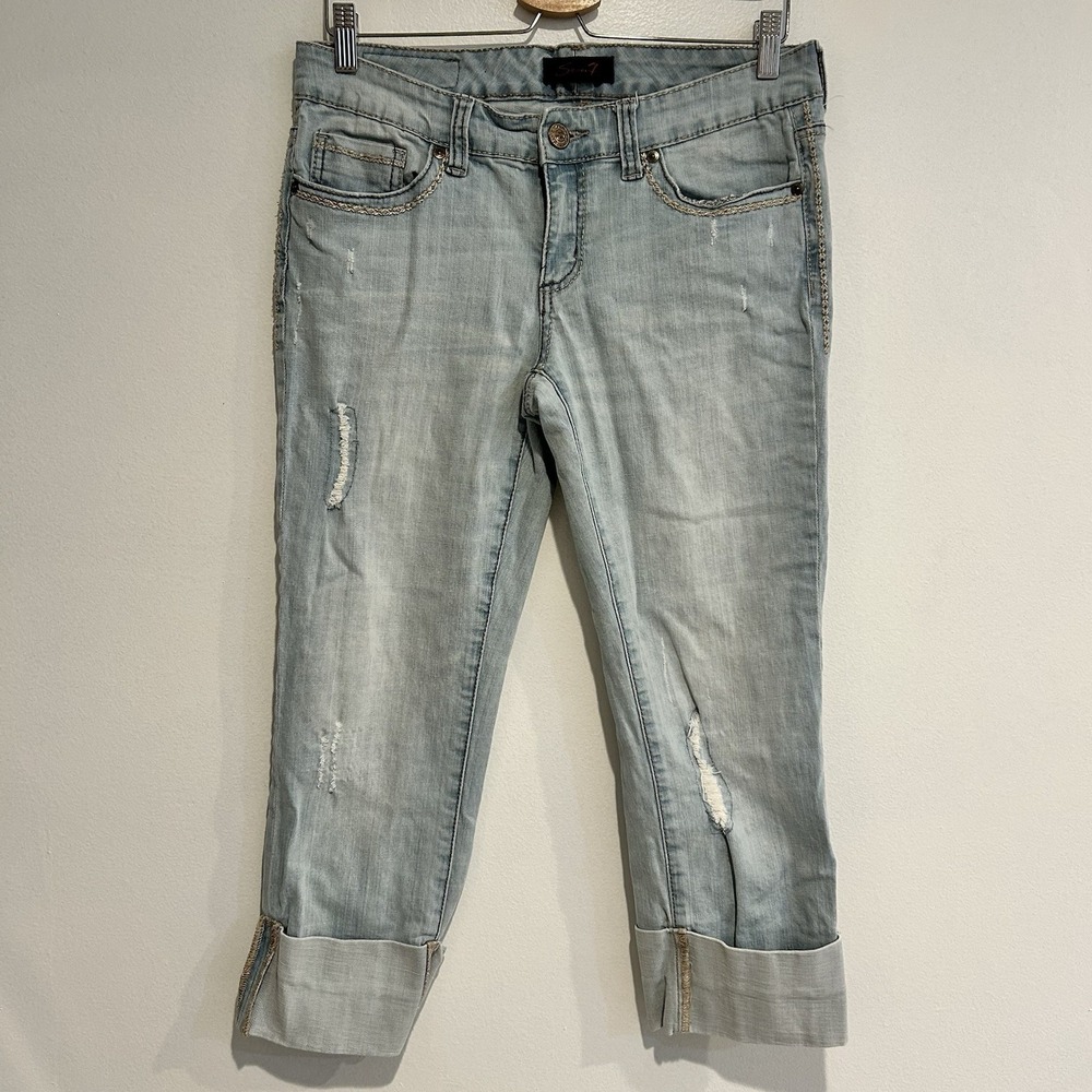 Seven 7 Boho Western Embroidered Whipstitch Capris Crop Pants Light Wash Jeans 8